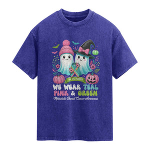 Metastatic Breast Cancer Awareness Ghost Washed Cotton T-Shirt Halloween Green Teal Pink Ribbon