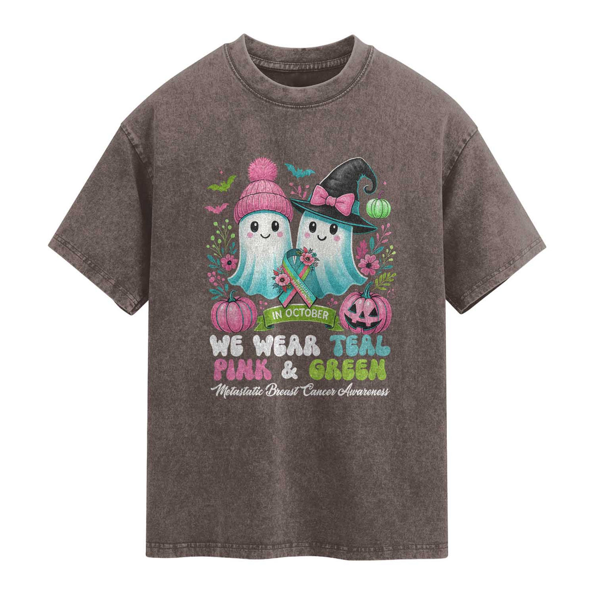 Metastatic Breast Cancer Awareness Ghost Washed Cotton T-Shirt Halloween Green Teal Pink Ribbon