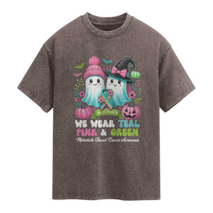 Metastatic Breast Cancer Awareness Ghost Washed Cotton T-Shirt Halloween Green Teal Pink Ribbon