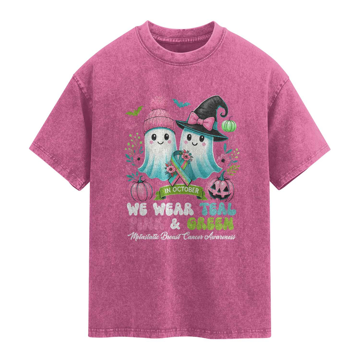 Metastatic Breast Cancer Awareness Ghost Washed Cotton T-Shirt Halloween Green Teal Pink Ribbon