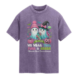 Metastatic Breast Cancer Awareness Ghost Washed Cotton T-Shirt Halloween Green Teal Pink Ribbon