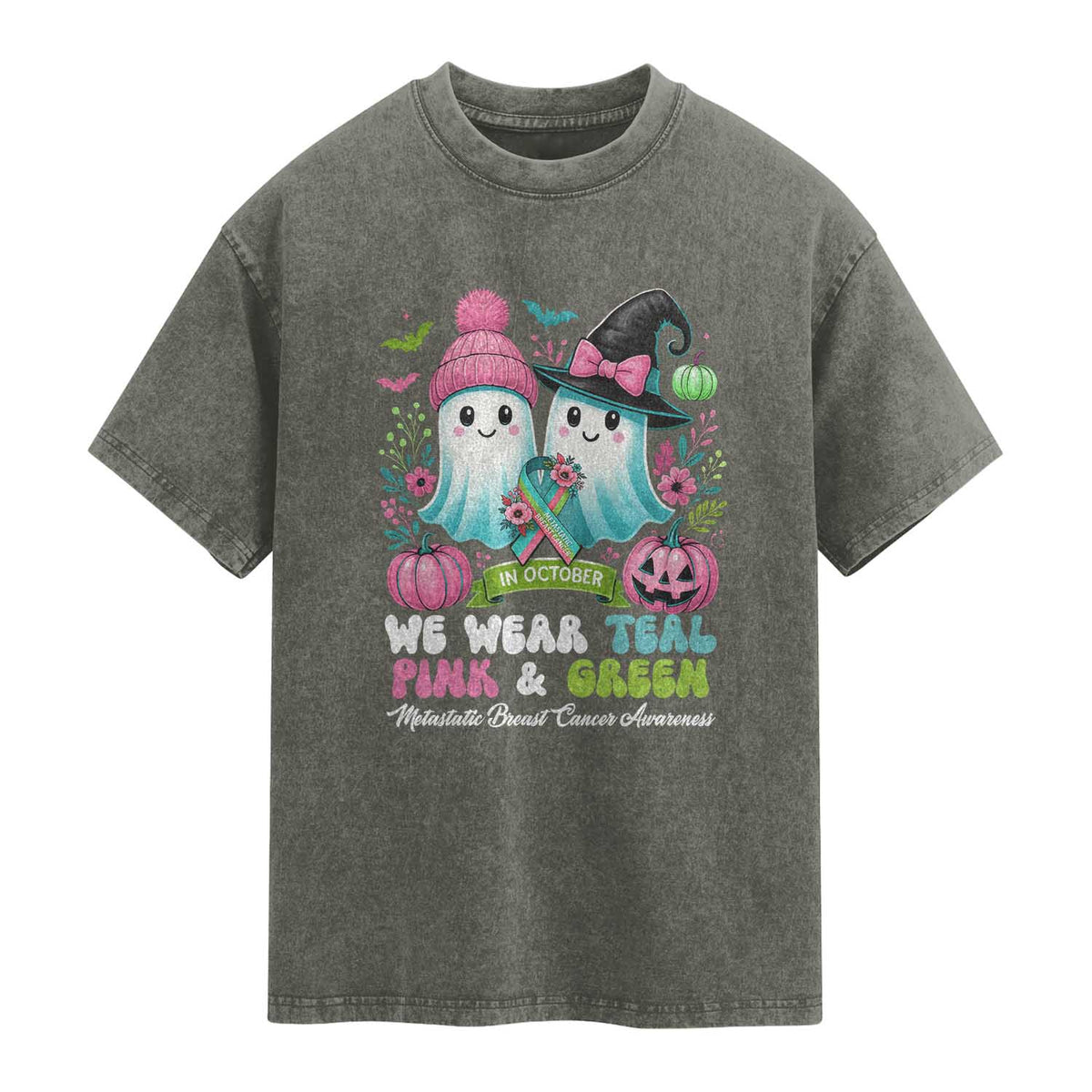 Metastatic Breast Cancer Awareness Ghost Washed Cotton T-Shirt Halloween Green Teal Pink Ribbon