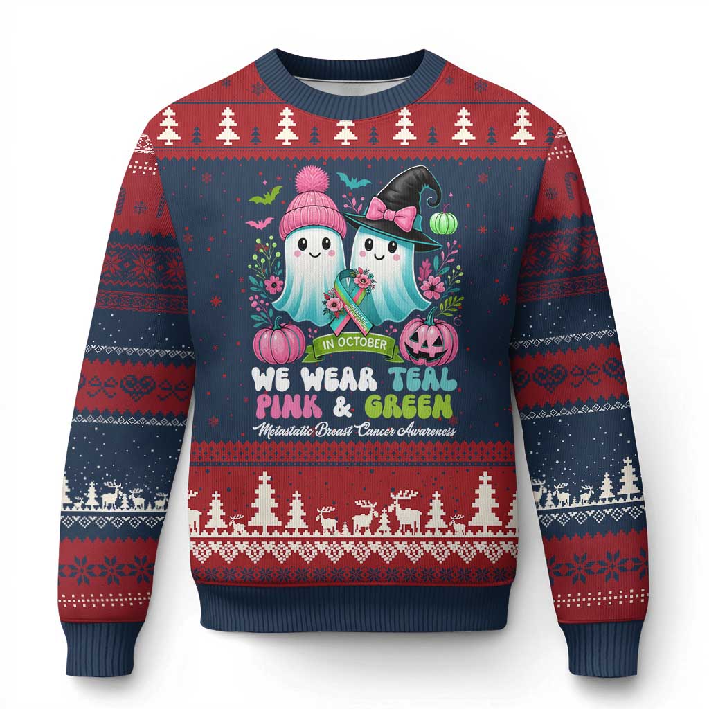 Metastatic Breast Cancer Awareness Ghost Ugly Christmas Sweater Halloween Green Teal Pink Ribbon TS10 Navy Red Print Your Wear