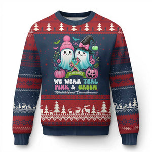Metastatic Breast Cancer Awareness Ghost Ugly Christmas Sweater Halloween Green Teal Pink Ribbon TS10 Navy Red Print Your Wear