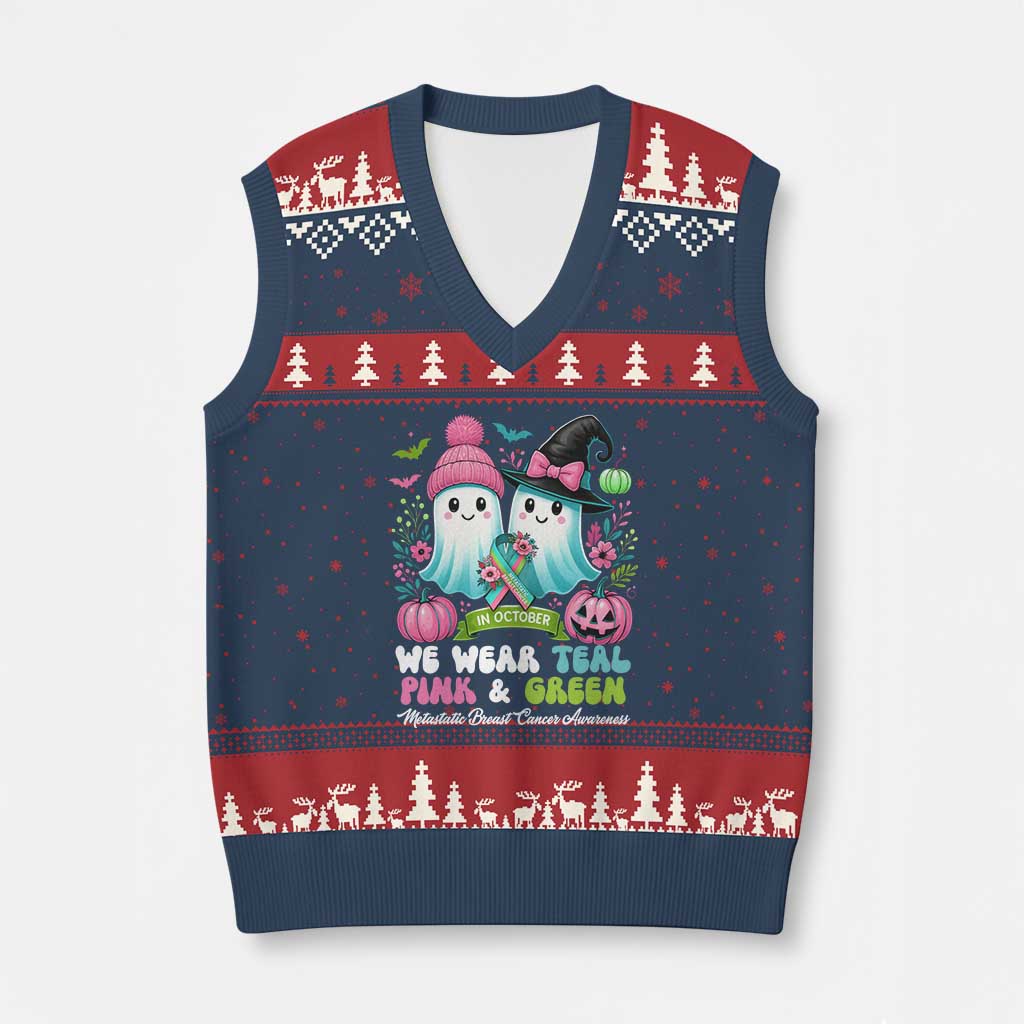Metastatic Breast Cancer Awareness Ghost V-Neck Knit Sweater Vest Halloween Green Teal Pink Ribbon TS10 Navy Red Print Your Wear