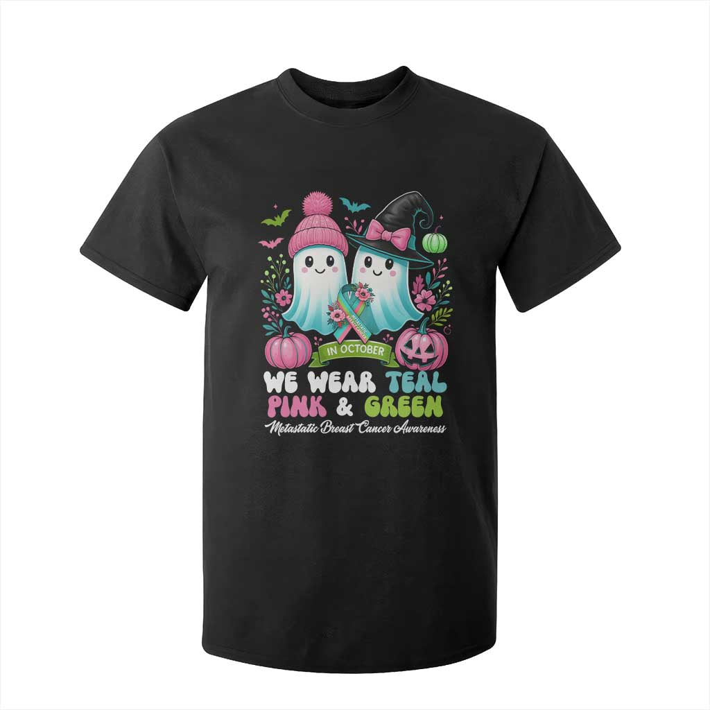 Metastatic Breast Cancer Awareness Ghost T Shirt For Kid Halloween Green Teal Pink Ribbon TS10 Black Print Your Wear