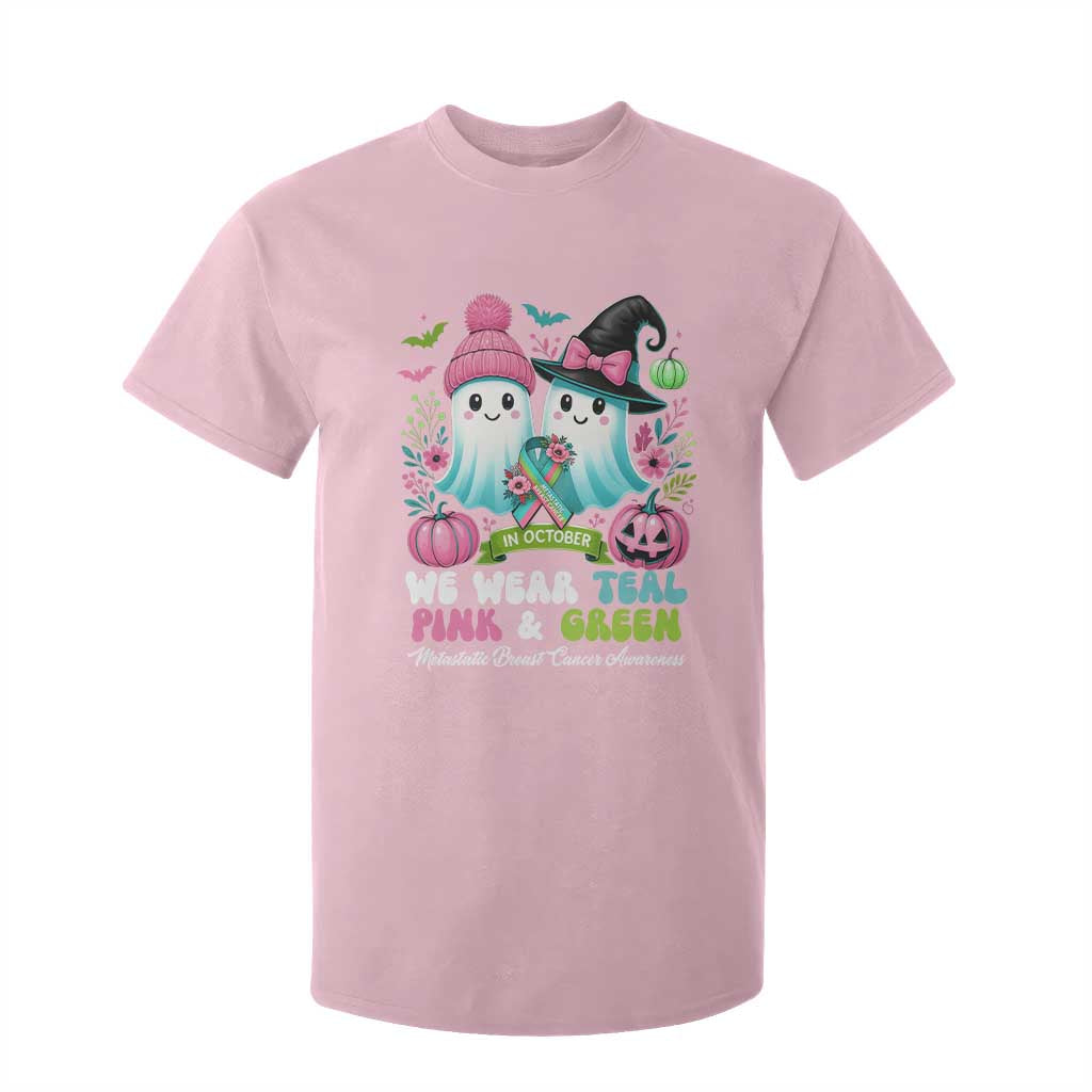 Metastatic Breast Cancer Awareness Ghost T Shirt For Kid Halloween Green Teal Pink Ribbon TS10 Light Pink Print Your Wear