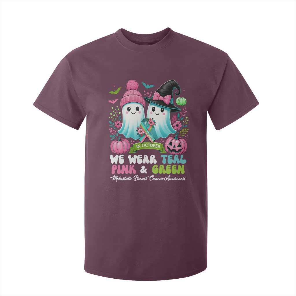 Metastatic Breast Cancer Awareness Ghost T Shirt For Kid Halloween Green Teal Pink Ribbon TS10 Maroon Print Your Wear