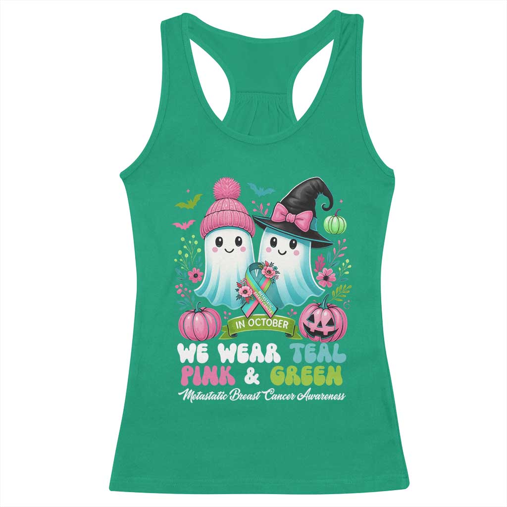 Metastatic Breast Cancer Awareness Ghost Racerback Tank Top Halloween Green Teal Pink Ribbon TS10 Irish Green Print Your Wear