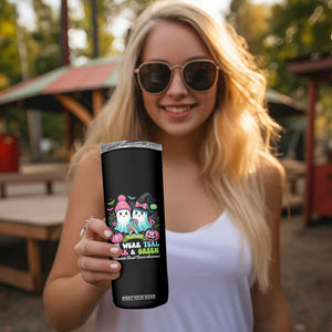 Metastatic Breast Cancer Awareness Ghost Skinny Tumbler Halloween Green Teal Pink Ribbon TS10 Print Your Wear