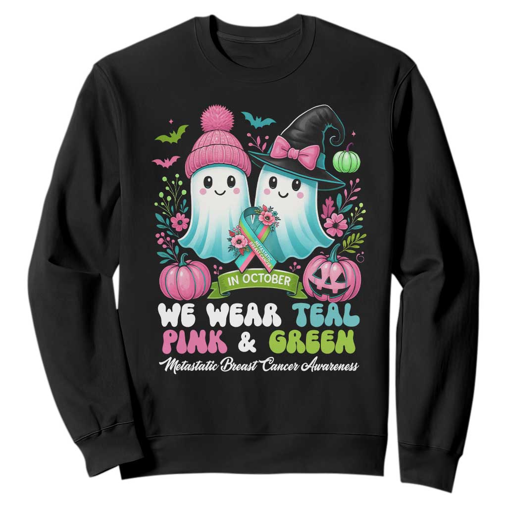 Metastatic Breast Cancer Awareness Ghost Sweatshirt Halloween Green Teal Pink Ribbon TS10 Black Print Your Wear