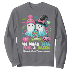 Metastatic Breast Cancer Awareness Ghost Sweatshirt Halloween Green Teal Pink Ribbon TS10 Charcoal Print Your Wear