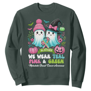 Metastatic Breast Cancer Awareness Ghost Sweatshirt Halloween Green Teal Pink Ribbon TS10 Dark Forest Green Print Your Wear
