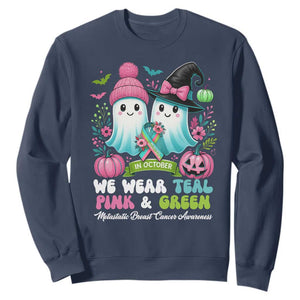Metastatic Breast Cancer Awareness Ghost Sweatshirt Halloween Green Teal Pink Ribbon TS10 Navy Print Your Wear