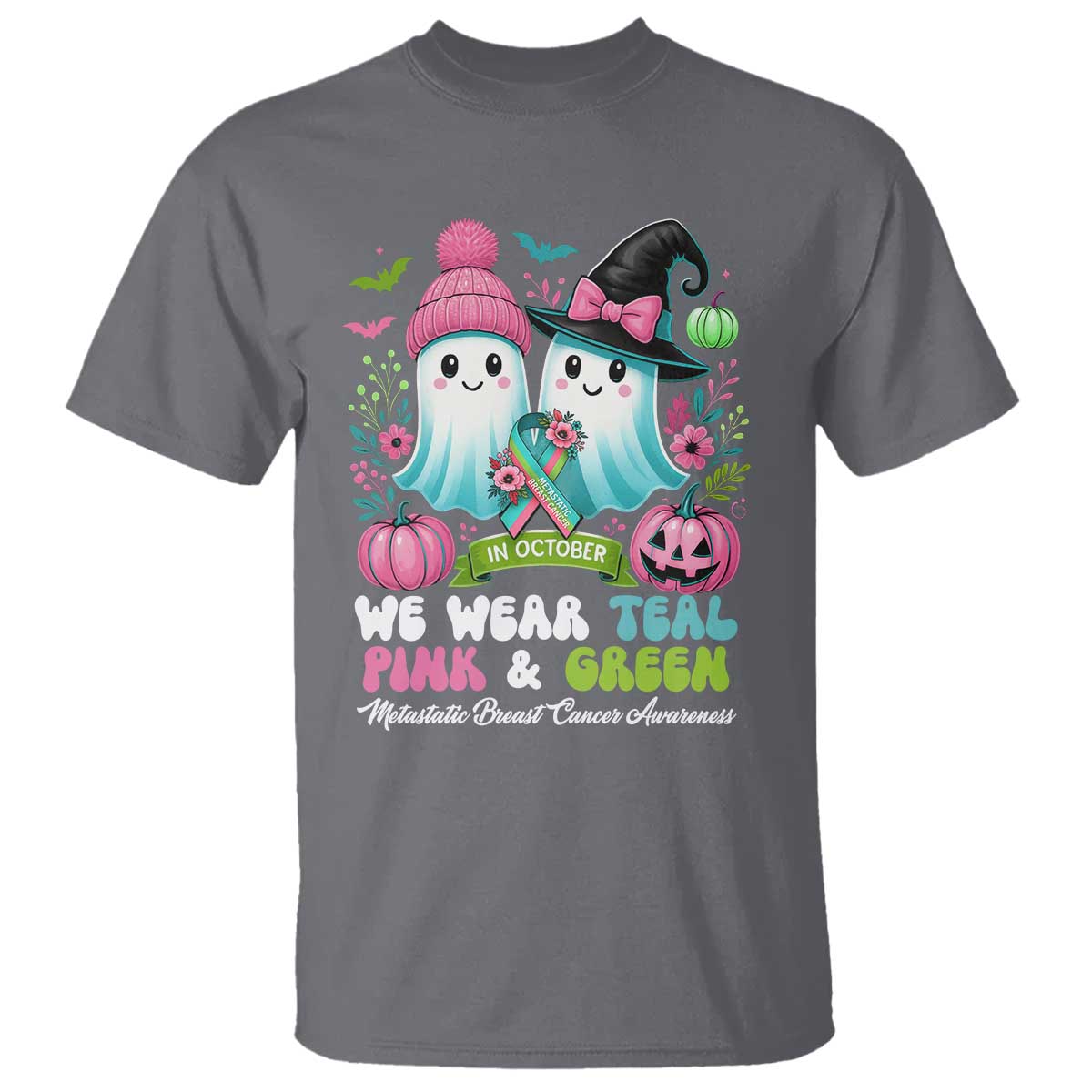 Metastatic Breast Cancer Awareness Ghost T Shirt Halloween Green Teal Pink Ribbon TS10 Charcoal Print Your Wear