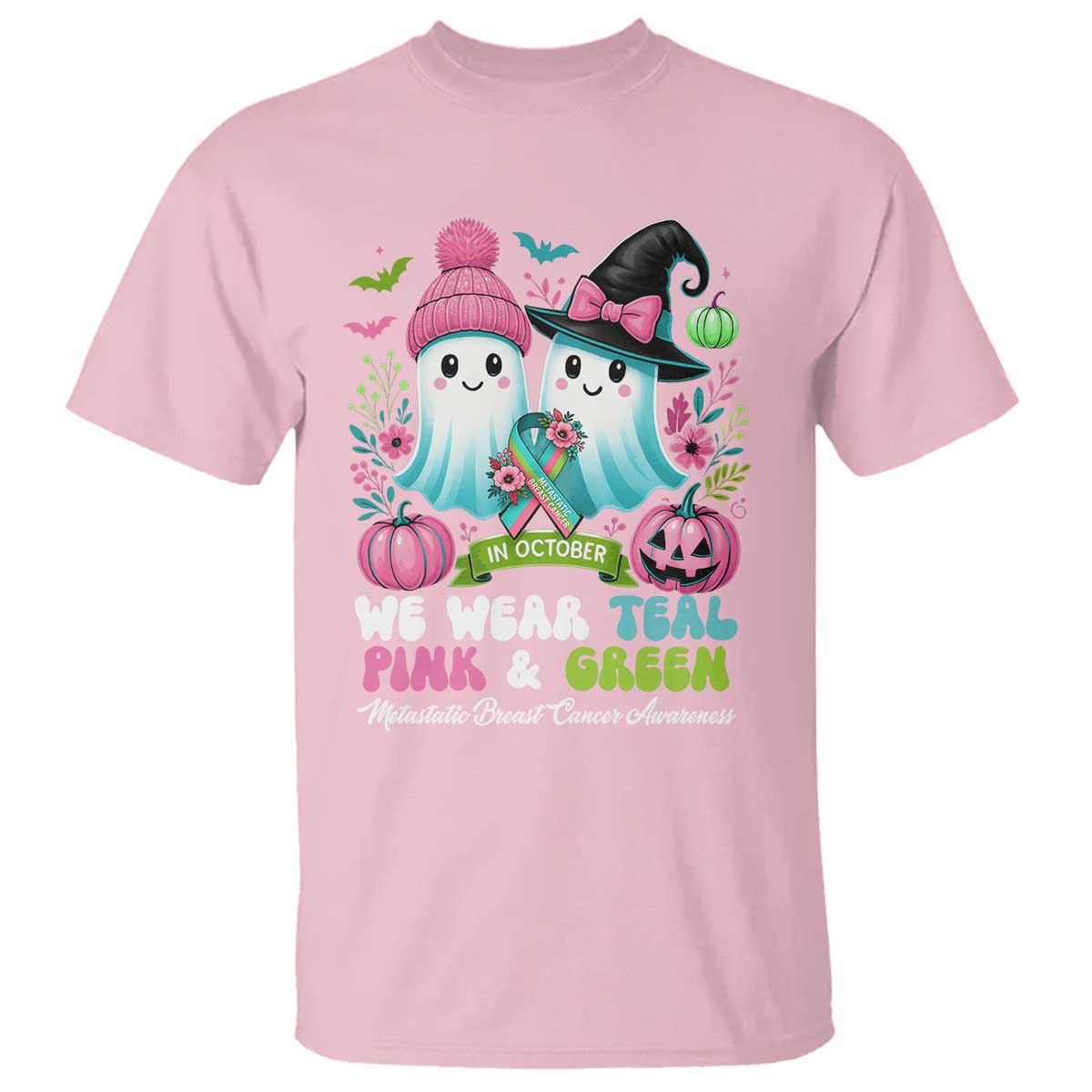 Metastatic Breast Cancer Awareness Ghost T Shirt Halloween Green Teal Pink Ribbon TS10 Light Pink Print Your Wear