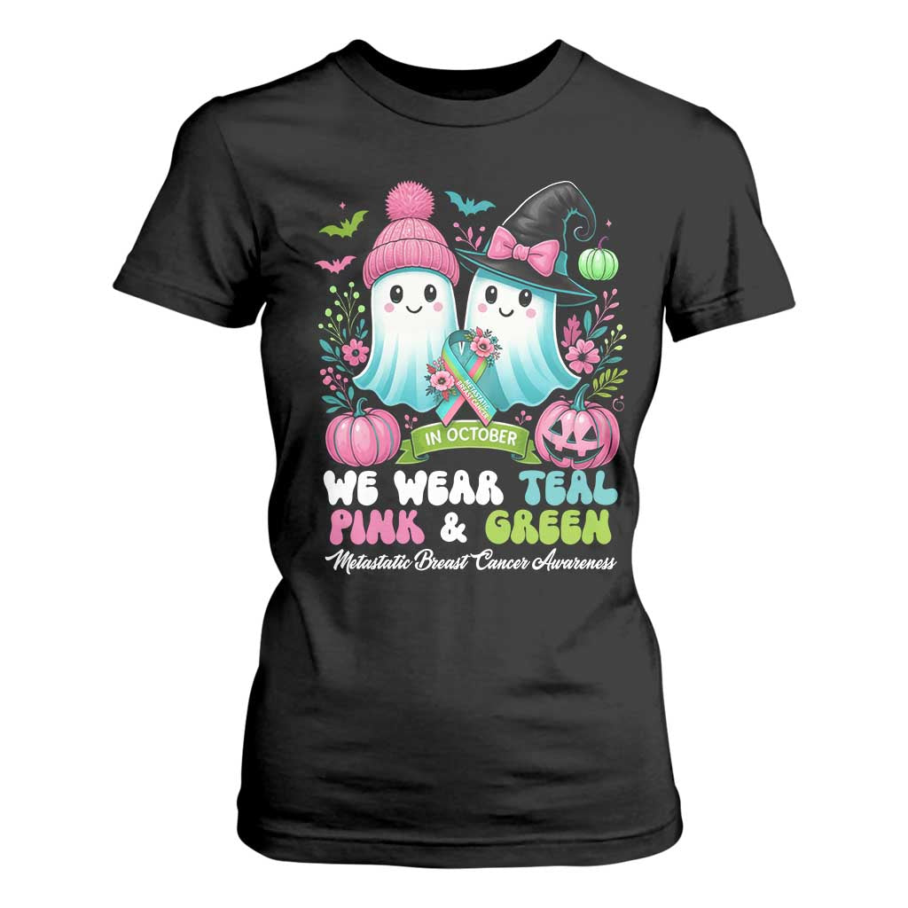 Metastatic Breast Cancer Awareness Ghost T Shirt For Women Halloween Green Teal Pink Ribbon TS10 Black Print Your Wear