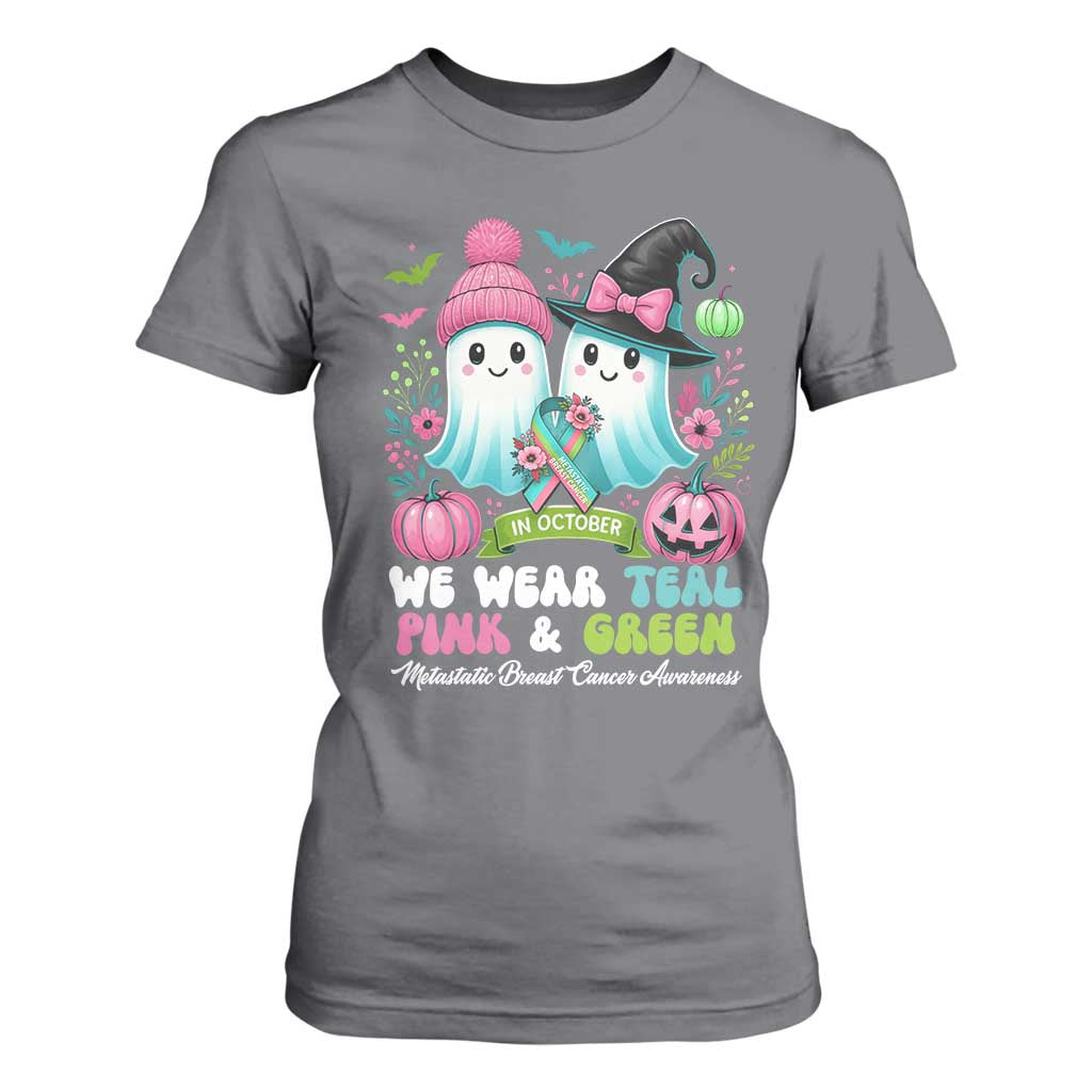 Metastatic Breast Cancer Awareness Ghost T Shirt For Women Halloween Green Teal Pink Ribbon TS10 Charcoal Print Your Wear