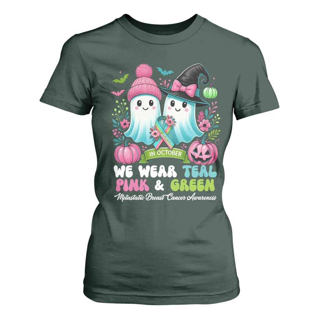 Metastatic Breast Cancer Awareness Ghost T Shirt For Women Halloween Green Teal Pink Ribbon TS10 Dark Forest Green Print Your Wear