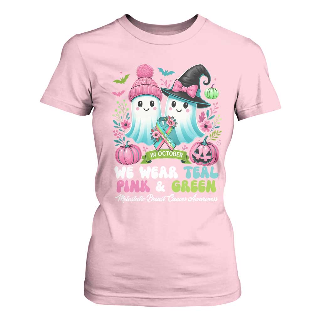Metastatic Breast Cancer Awareness Ghost T Shirt For Women Halloween Green Teal Pink Ribbon TS10 Light Pink Print Your Wear