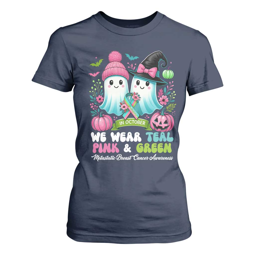 Metastatic Breast Cancer Awareness Ghost T Shirt For Women Halloween Green Teal Pink Ribbon TS10 Navy Print Your Wear
