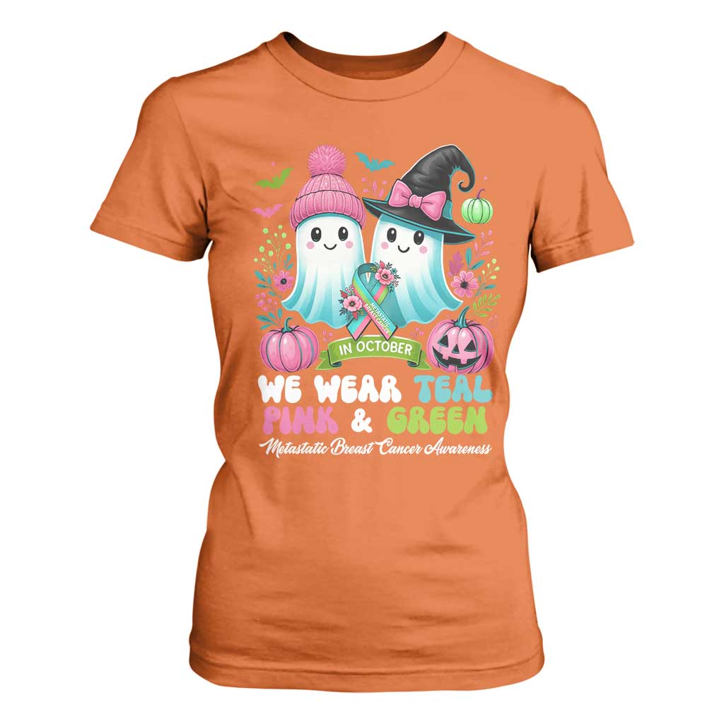 Metastatic Breast Cancer Awareness Ghost T Shirt For Women Halloween Green Teal Pink Ribbon TS10 Orange Print Your Wear