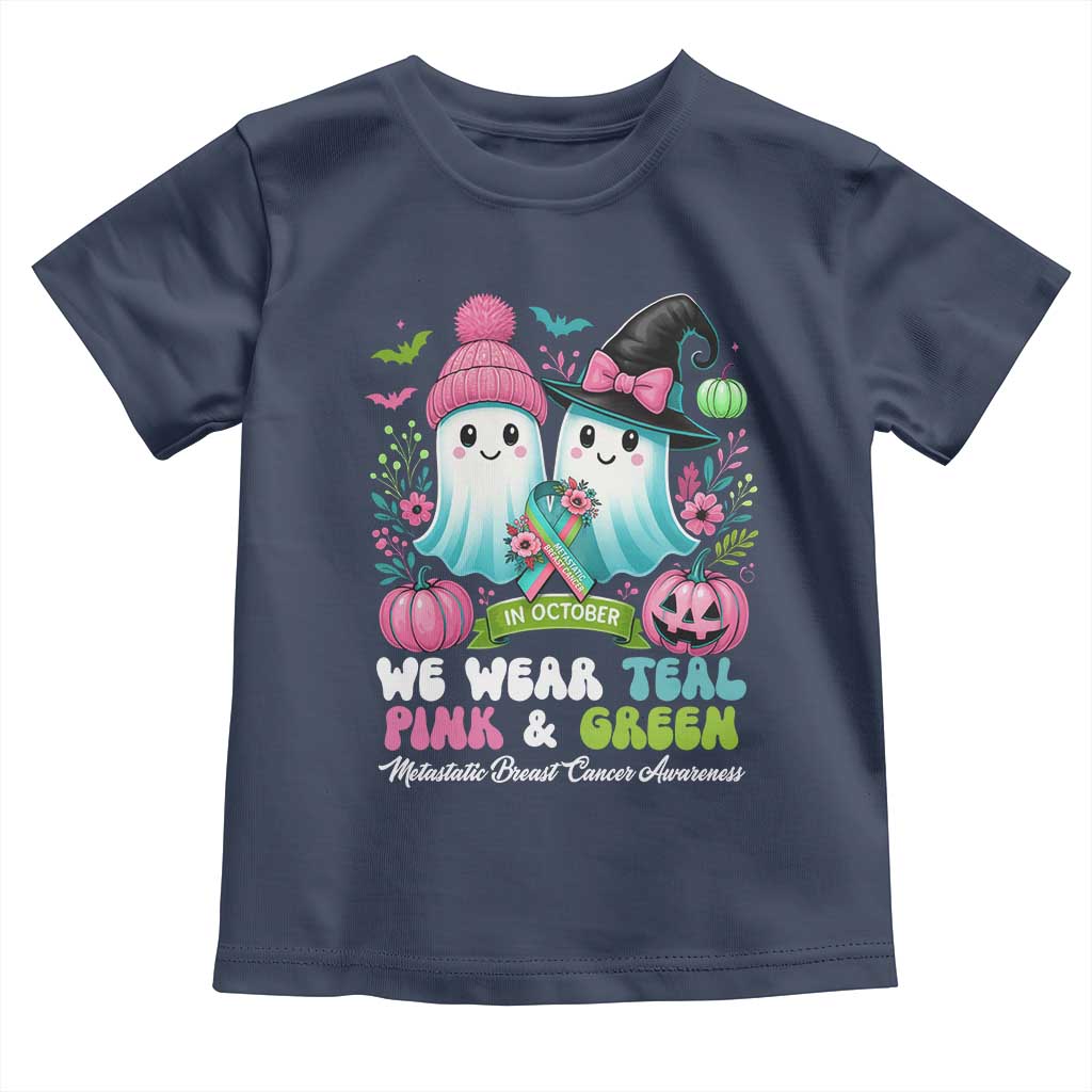 Metastatic Breast Cancer Awareness Ghost Toddler T Shirt Halloween Green Teal Pink Ribbon TS10 Navy Print Your Wear