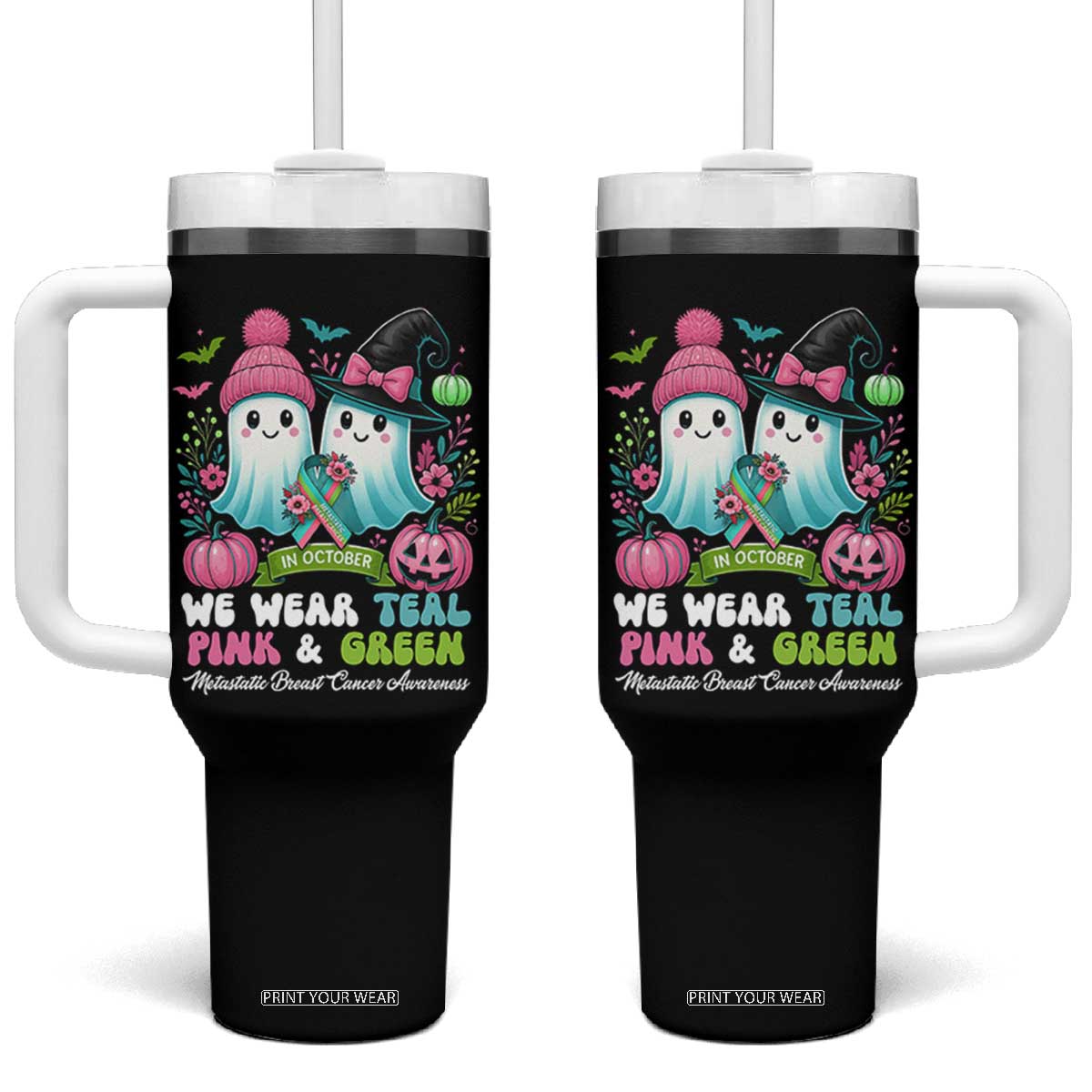 Metastatic Breast Cancer Awareness Ghost Tumbler With Handle Halloween Green Teal Pink Ribbon TS10 One Size: 40 oz Black Print Your Wear