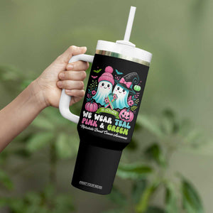 Metastatic Breast Cancer Awareness Ghost Tumbler With Handle Halloween Green Teal Pink Ribbon TS10 Print Your Wear