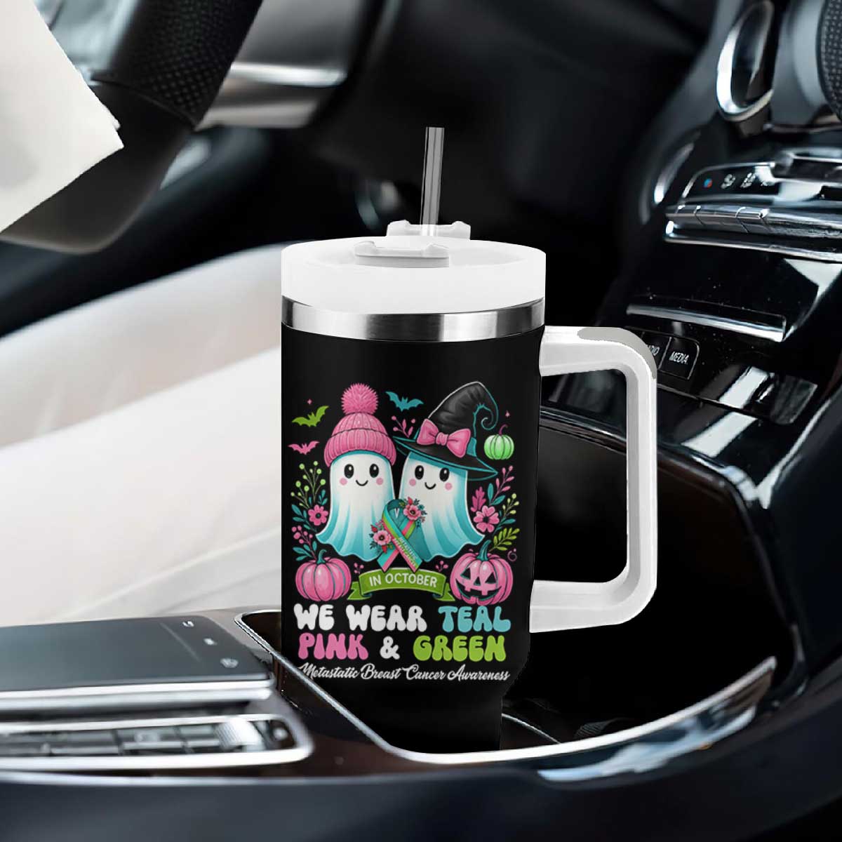 Metastatic Breast Cancer Awareness Ghost Tumbler With Handle Halloween Green Teal Pink Ribbon TS10 Print Your Wear