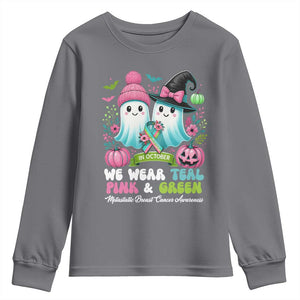 Metastatic Breast Cancer Awareness Ghost Youth Sweatshirt Halloween Green Teal Pink Ribbon TS10 Charcoal Print Your Wear