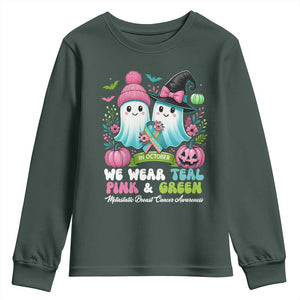 Metastatic Breast Cancer Awareness Ghost Youth Sweatshirt Halloween Green Teal Pink Ribbon TS10 Dark Forest Green Print Your Wear