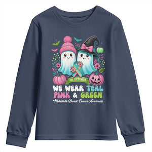 Metastatic Breast Cancer Awareness Ghost Youth Sweatshirt Halloween Green Teal Pink Ribbon TS10 Navy Print Your Wear