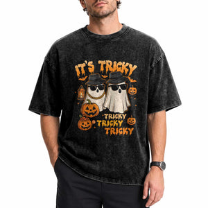 Funny Ghost Washed Cotton T-Shirt It's Tricky Tricky Tricky 90s Nostalgia Halloween Costume