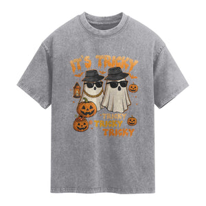 Funny Ghost Washed Cotton T-Shirt It's Tricky Tricky Tricky 90s Nostalgia Halloween Costume