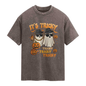 Funny Ghost Washed Cotton T-Shirt It's Tricky Tricky Tricky 90s Nostalgia Halloween Costume