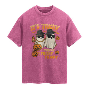 Funny Ghost Washed Cotton T-Shirt It's Tricky Tricky Tricky 90s Nostalgia Halloween Costume