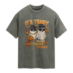 Funny Ghost Washed Cotton T-Shirt It's Tricky Tricky Tricky 90s Nostalgia Halloween Costume