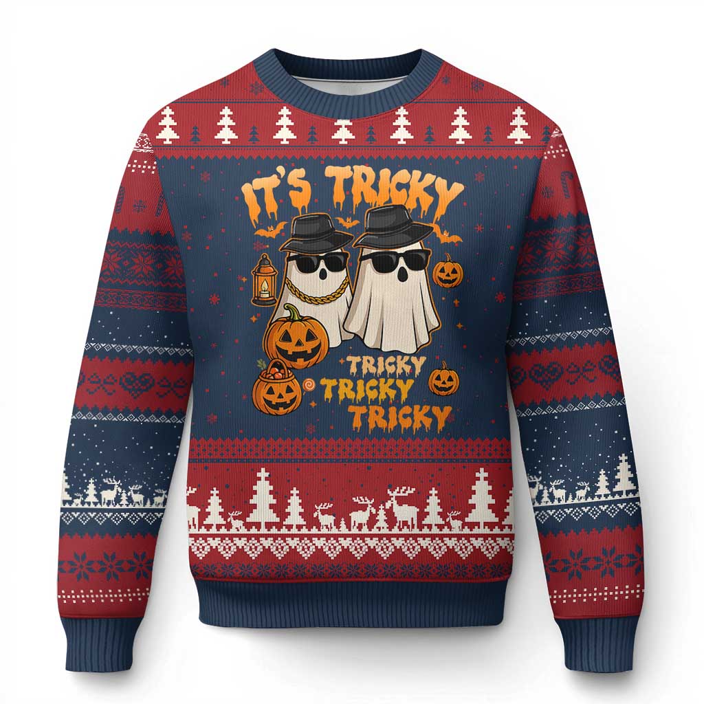 Funny Ghost Ugly Christmas Sweater It's Tricky Tricky Tricky 90s Nostalgia Halloween Costume TS10 Navy Red Print Your Wear