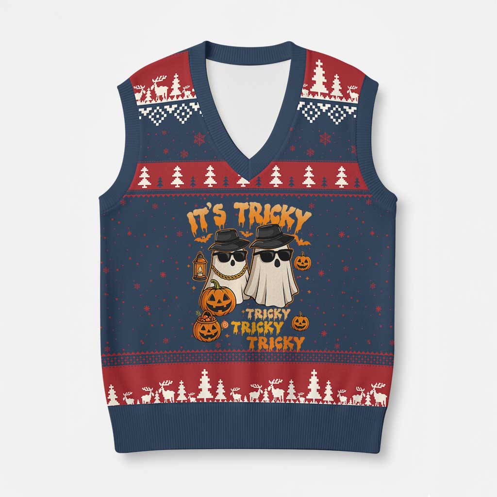 Funny Ghost V-Neck Knit Sweater Vest It's Tricky Tricky Tricky 90s Nostalgia Halloween Costume TS10 Navy Red Print Your Wear