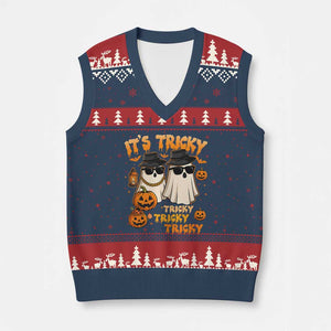 Funny Ghost V-Neck Knit Sweater Vest It's Tricky Tricky Tricky 90s Nostalgia Halloween Costume TS10 Navy Red Print Your Wear