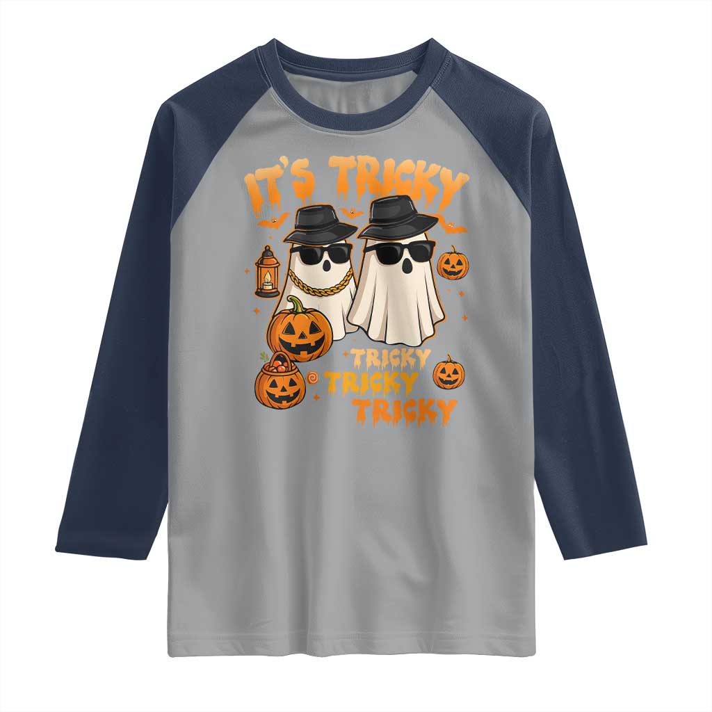 Funny Ghost Raglan Shirt It's Tricky Tricky Tricky 90s Nostalgia Halloween Costume TS10 Sport Gray Navy Print Your Wear
