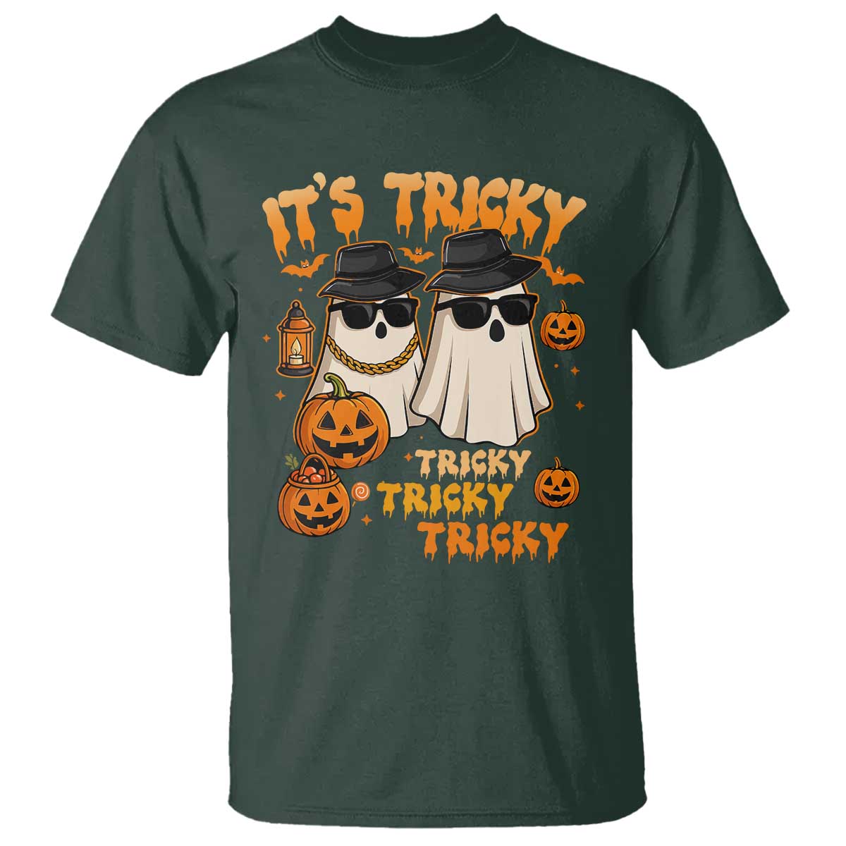 Funny Ghost T Shirt It's Tricky Tricky Tricky 90s Nostalgia Halloween Costume TS10 Dark Forest Green Print Your Wear
