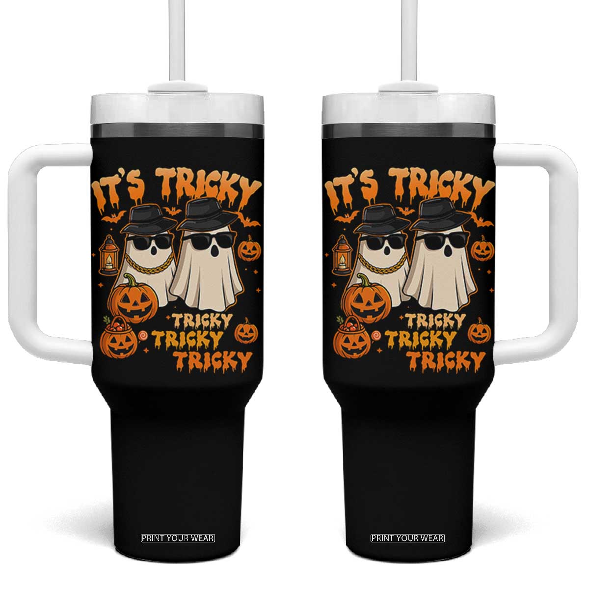 Funny Ghost Tumbler With Handle It's Tricky Tricky Tricky 90s Nostalgia Halloween Costume TS10 One Size: 40 oz Black Print Your Wear