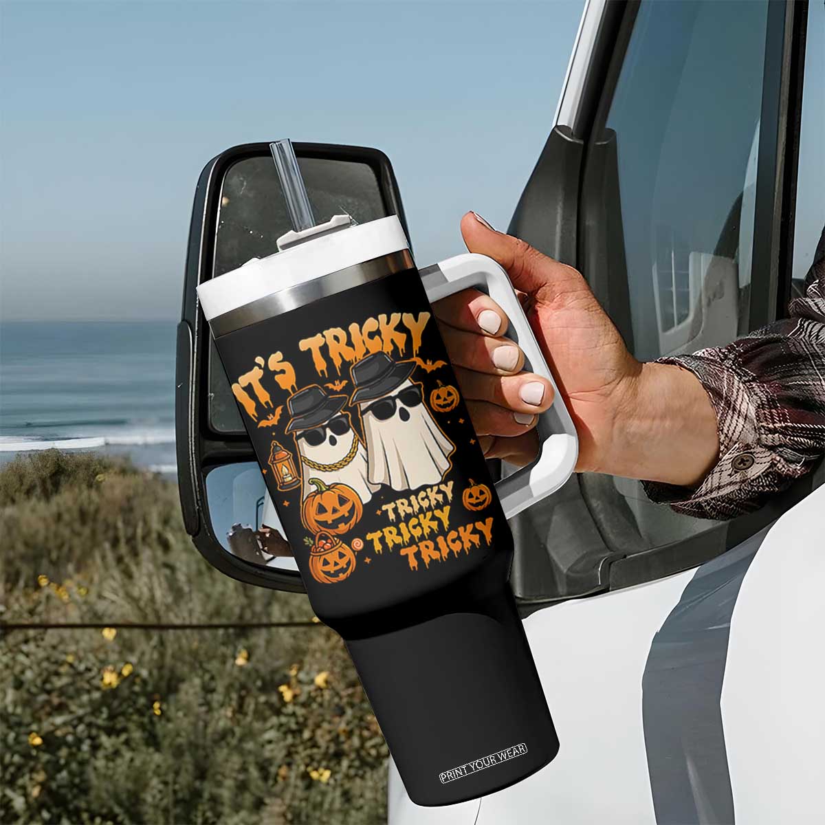 Funny Ghost Tumbler With Handle It's Tricky Tricky Tricky 90s Nostalgia Halloween Costume TS10 Print Your Wear