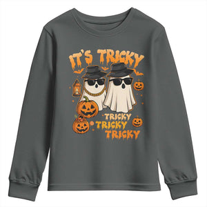 Funny Ghost Youth Sweatshirt It's Tricky Tricky Tricky 90s Nostalgia Halloween Costume TS10 Dark Heather Print Your Wear