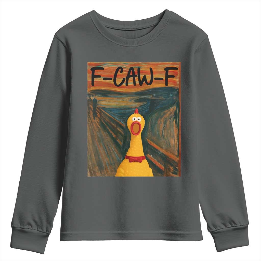 F Caw F Screaming Chicken Youth Sweatshirt Funny Fawk Off Meme TS10 Dark Heather Print Your Wear