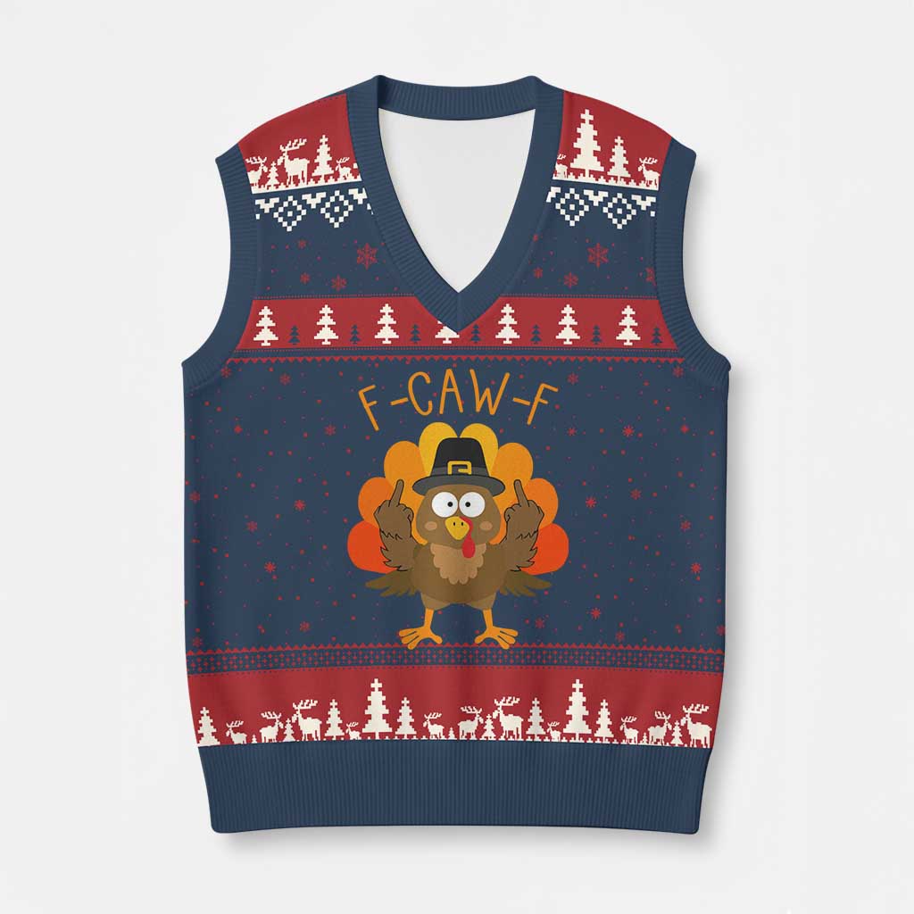 F-Caw-F Funny Turkey V-Neck Knit Sweater Vest Happy Thanksgiving Day Family Dinner TS10 Navy Red Print Your Wear