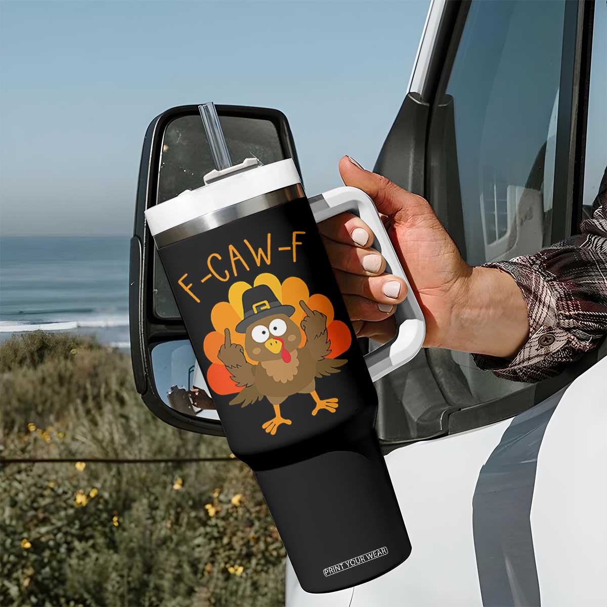F-Caw-F Funny Turkey Tumbler With Handle Happy Thanksgiving Day Family Dinner TS10 Print Your Wear