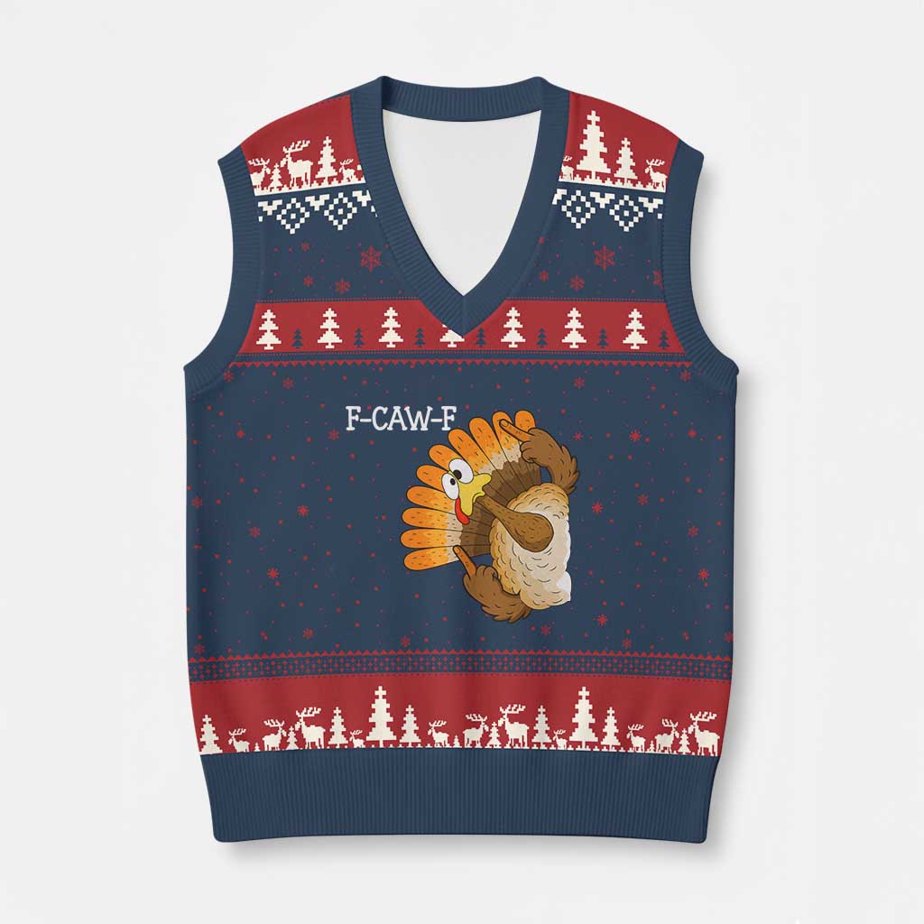F-Caw-F Funny Silly Turkey V-Neck Knit Sweater Vest Happy Thanksgiving Day Family Dinner TS10 Navy Red Print Your Wear